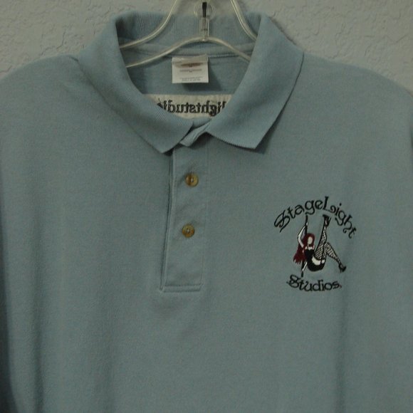 Mens Blue Polo Golf Logo'd Shirt XL Cotton Pole Dancer Collared 1/4 button front - Picture 14 of 15